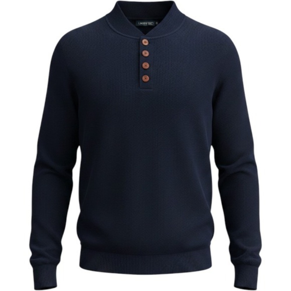 Lands End Mens Navy Blue Ribbed‎ Cotton Henley Button Mock Neck Sweater Large